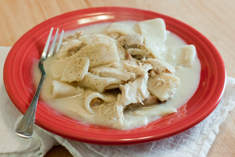 A photo of delicious, southern-style chicken and dumplings.
