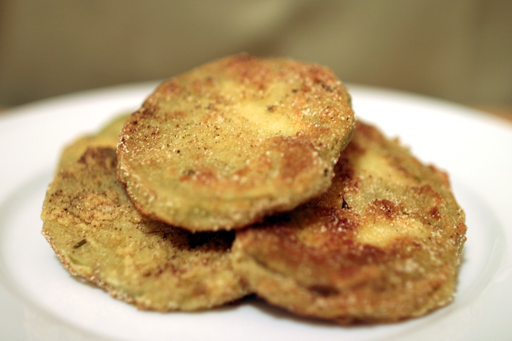 A close-up photo of crispy, fried green tomatoes